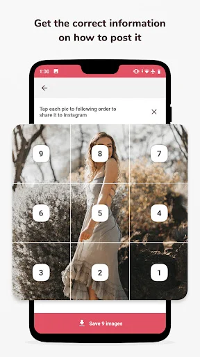 Grid post instructions screen displaying numbered sections 1-9 indicating the correct order to post images sequentially on Instagram