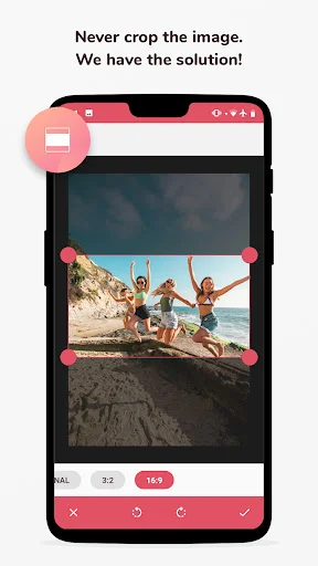 No-crop image editor featuring adjustable photo bounds with background fill option to post photos without cropping