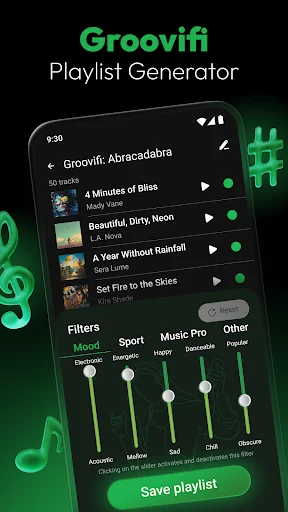 Groovifi Abracadabra playlist with song list, play buttons, and Mood, Sport, Music Pro filter sliders
