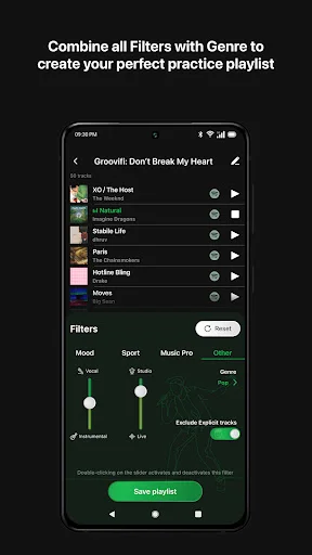 Groovifi advanced filter interface combining Mood, Sport, Music Pro, Genre filters and explicit toggle
