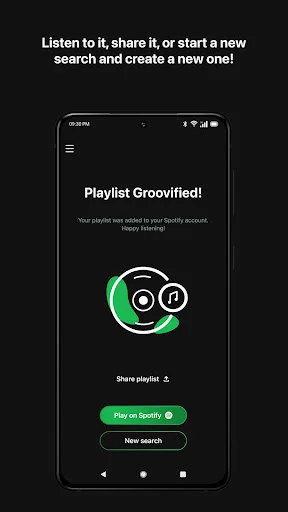 Groovifi playlist completion screen with Groovified confirmation, Share playlist and Spotify play options