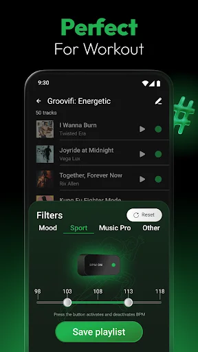 Groovifi workout playlist generator with Mood and Sport filters and adjustable 98-118 BPM range selector