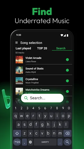 Groovifi song search interface with Last played and TOP 20 song recommendations and search bar