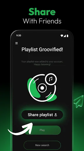 Groovifi playlist share screen with Playlist Groovified confirmation, Share playlist and Play options