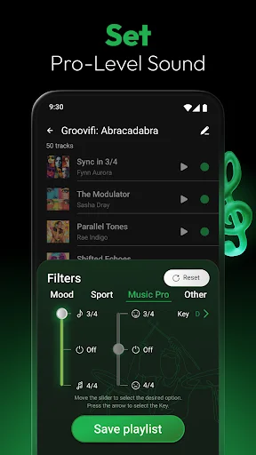Groovifi Music Pro filter settings with time signature 3/4, musical key selector, and tempo controls