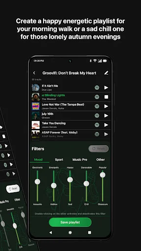 Groovifi energetic playlist creator with mood filters, BPM range, frequency sliders, and Save button