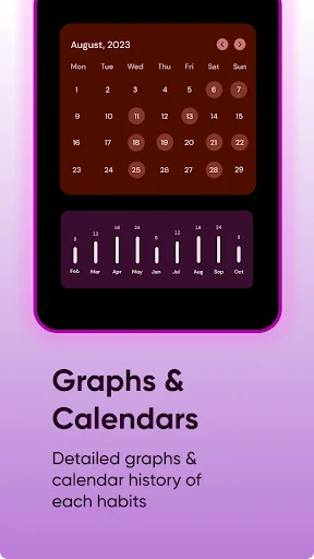 Rise app Calendar and Graph view showing August 2023 habit calendar with detailed bar graph visualization of daily habit completion data on magenta gradient background