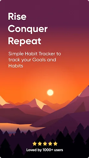 Rise Habit Tracker app promotional screen with sunset landscape illustration, brand tagline Rise Conquer Repeat, and testimonial of 1000+ user rating on dark gradient background