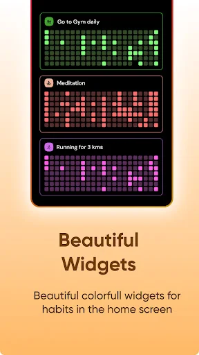 Rise app home screen widgets showing colorful grid habit trackers for Go to Gym, Meditation, and Running habits with streak indicators on orange gradient background
