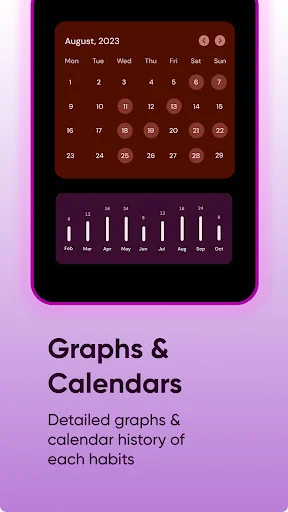 Rise app Calendar and Graph view showing August 2023 habit calendar with detailed bar graph visualization of daily habit completion data on magenta gradient background