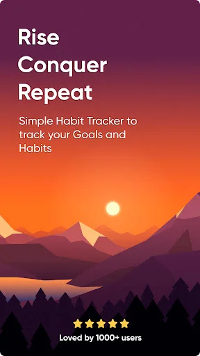 Rise Habit Tracker app promotional screen with sunset landscape illustration, brand tagline Rise Conquer Repeat, and testimonial of 1000+ user rating on dark gradient background