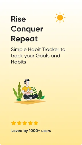 Rise Habit Tracker app intro screen showing app name, simple habit tracking tagline, meditation illustration, and 5-star user rating on yellow background