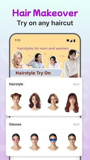 Hair Makeover app interface showing hairstyle try-on for men and women with Hairstyle and Glasses customization sections for virtual hair transformations