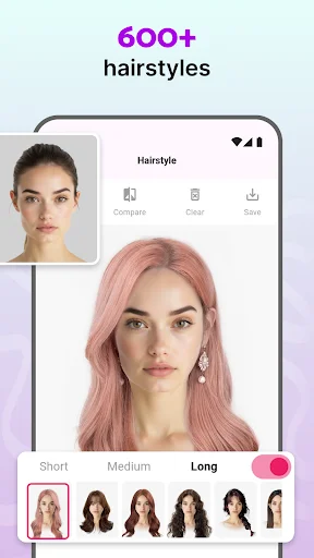 Modiface app displaying 600+ hairstyles feature with pink hair preview, hair length options (Short, Medium, Long), and multiple hairstyle thumbnail selections