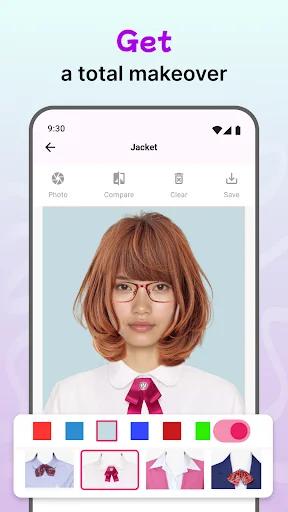 Total makeover feature showing female avatar wearing customizable jacket and clothing options with color palette and outfit selection tools