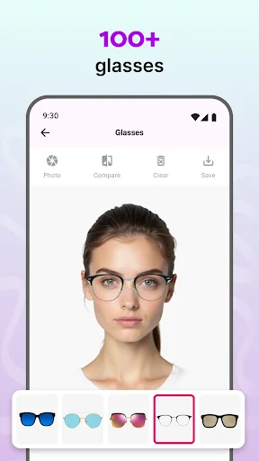 Glasses try-on feature displaying 100+ eyeglass styles with multiple frame designs and color variations on female face preview
