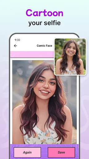Comic Face cartoon transformation feature converting selfie photos into cartoon style avatars with Again and Save action buttons