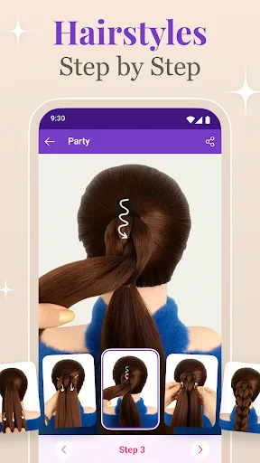 Step-by-step party hairstyle tutorial showing twisted updo with photo instructions and preview thumbnails