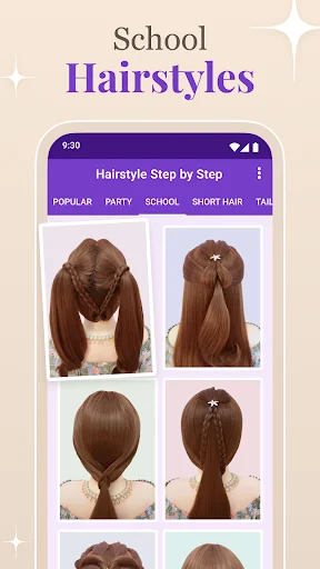 School hairstyle tutorial gallery featuring multiple styles with popular, party, and short hair filters