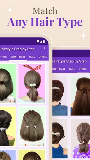 Hairstyle matching app showing tutorials for different hair types in colorful grid gallery layout