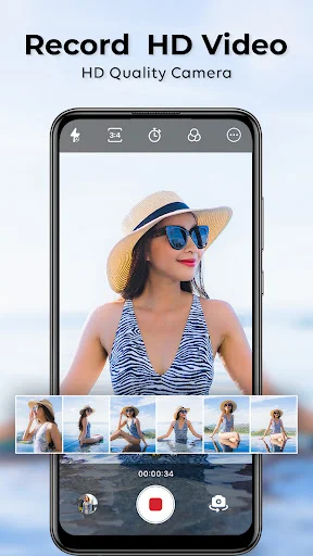 HD video recording interface with frame preview thumbnails and recording timer for video capture