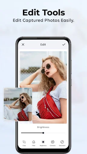 Photo editing tools interface with brightness adjustment slider and enhancement controls for images