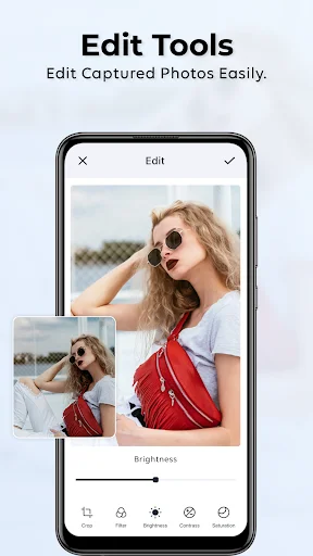 Photo editing tools interface with brightness adjustment slider and enhancement controls for images