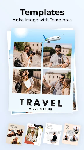 Image template editor featuring travel-themed designs and multiple layout options for styled photos