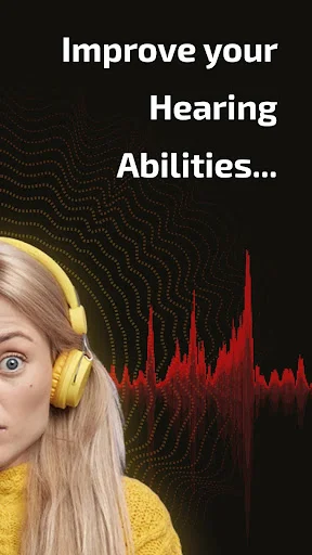 Woman wearing yellow headphones with red audio waveform visualizations and text 'Improve your Hearing Abilities' promoting sound amplification