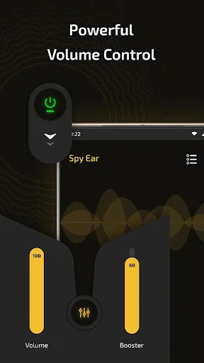 Super Ear volume control interface featuring yellow Volume and Booster sliders with power toggle and audio visualization display