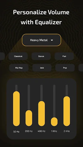 Equalizer feature with Heavy Metal preset selected, showing genre options and frequency sliders from 50 Hz to 2 kHz for audio customization