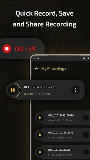 Recording interface displaying saved audio files with timestamps, play buttons and menu options for managing and sharing recordings