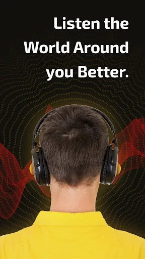 Person wearing headphones from behind with red and yellow sound wave visualization illustrating 'Listen the World Around you Better' message