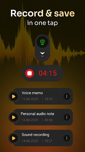 Super Ear recording screen showing timer, record button, and saved files: voice memo, personal audio note, sound recording