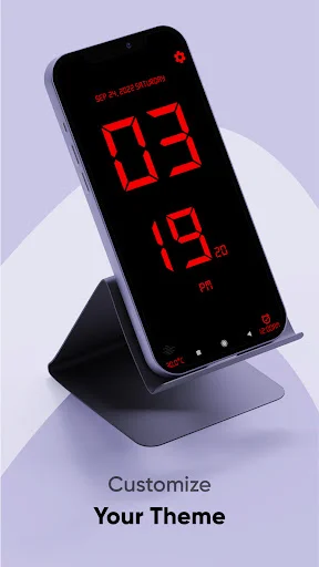 Huge red digital clock widget with customizable dark theme on smartphone display