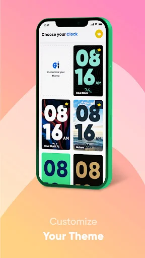 Clock widget theme options with multiple colorful customizable digital clock designs