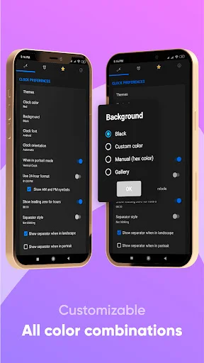Digital clock customization menu with black, custom color, and gallery background options