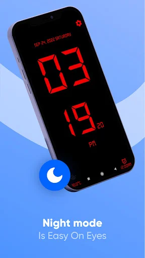 Digital clock night mode with red display and moon icon for easy nighttime eye comfort
