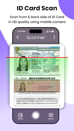 ID Card Scanner interface capturing front and back ID cards in HD quality with camera controls and photo gallery options
