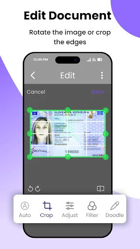 Edit document screen offering crop, rotate, adjust, filter and doodle tools to enhance scanned ID card images