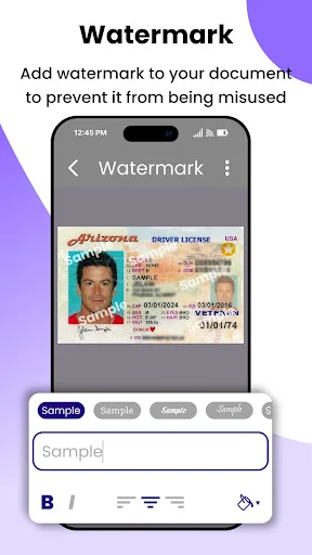 Watermark editor with preset stamp buttons and text customization for protecting scanned documents from misuse