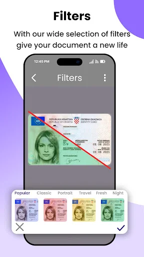Filters screen displaying Popular, Classic, Portrait, Travel, Fresh and Night filter options to enhance document appearance