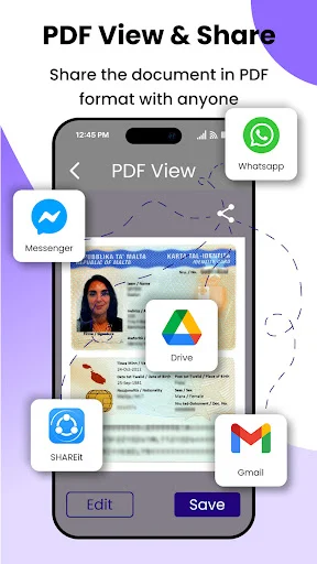 PDF sharing interface enabling scanned document export to Whatsapp, Messenger, Google Drive, SHAREit and Gmail