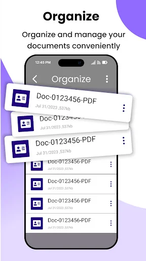 Document organizer screen managing saved PDF files with dates, sizes and individual menu options for each card