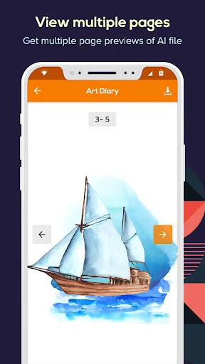 Multi-page AI file viewer showing page 3-5 of sailboat illustration with navigation arrows and page counter