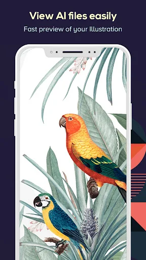Fast preview of AI illustration file showing detailed parrot artwork on mobile Illustrator viewer