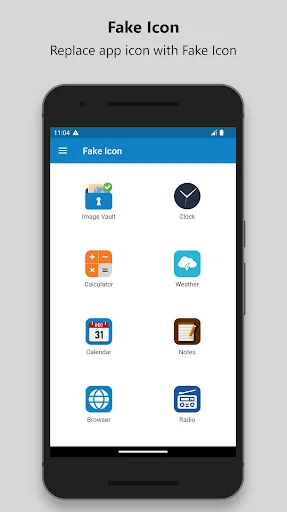 Fake Icon menu showing camouflage app icons like Calculator, Weather, Calendar to disguise vault app