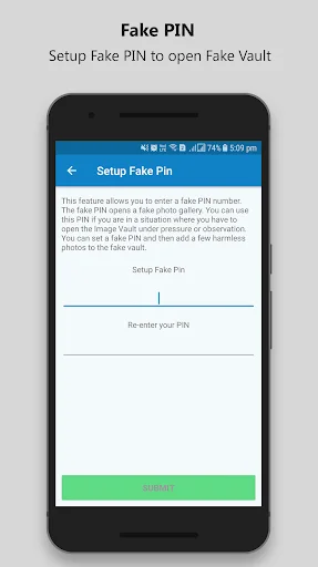 Fake PIN setup screen to create decoy PIN that opens fake photo gallery instead of accessing real vault