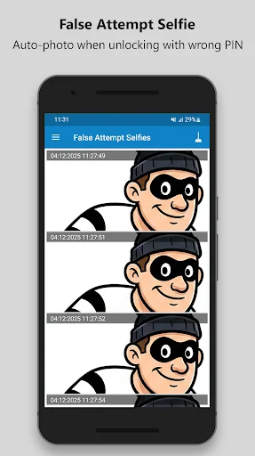 False Attempt Selfie feature capturing timestamped selfies automatically when incorrect PIN is entered