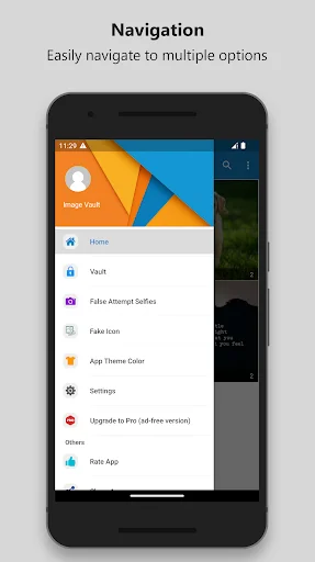 App navigation menu with Home, Vault, False Attempt Selfies, Fake Icon, Theme Color, Settings options